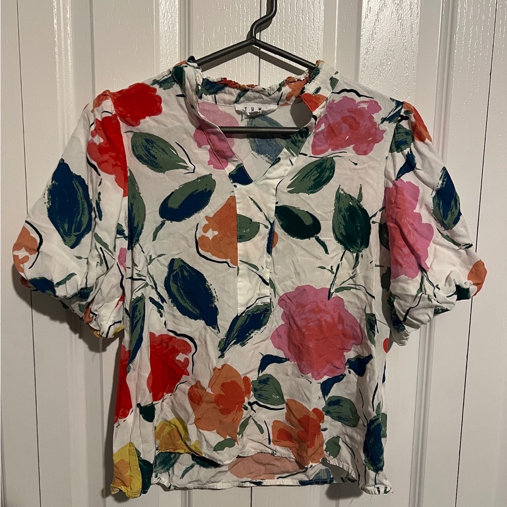 THML White Floral V-Neck Short Sleeve Top - Multi